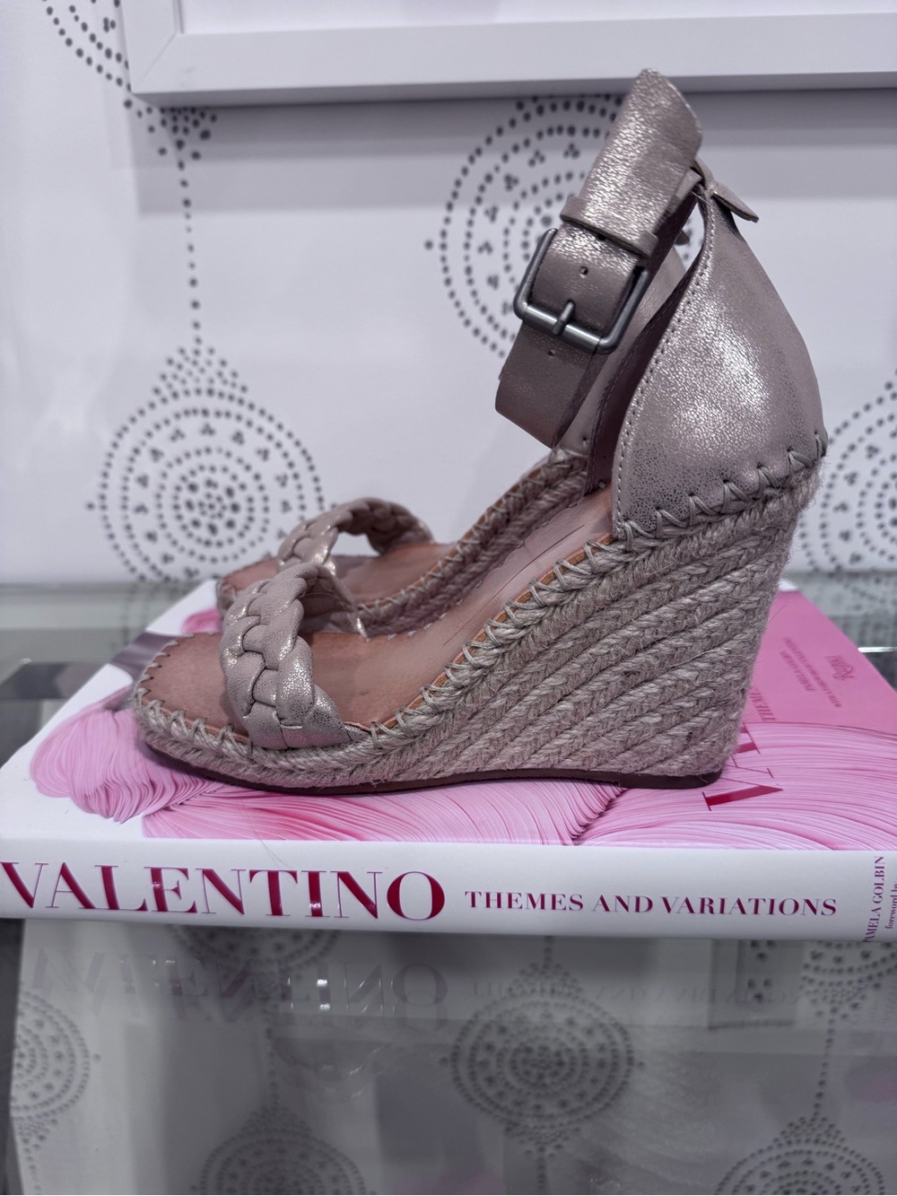 Braided Metallic Wedge Sandal with Ankle Buckle - Taupe